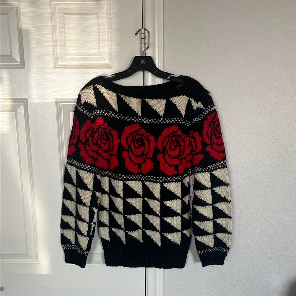 Halston Heritage Black and Red Geometric Rose Sweater